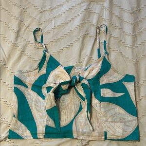 Rachel Zoe Top Palm Leaf Tropical Print Cropped Resort Vacation Wear Linen Blend